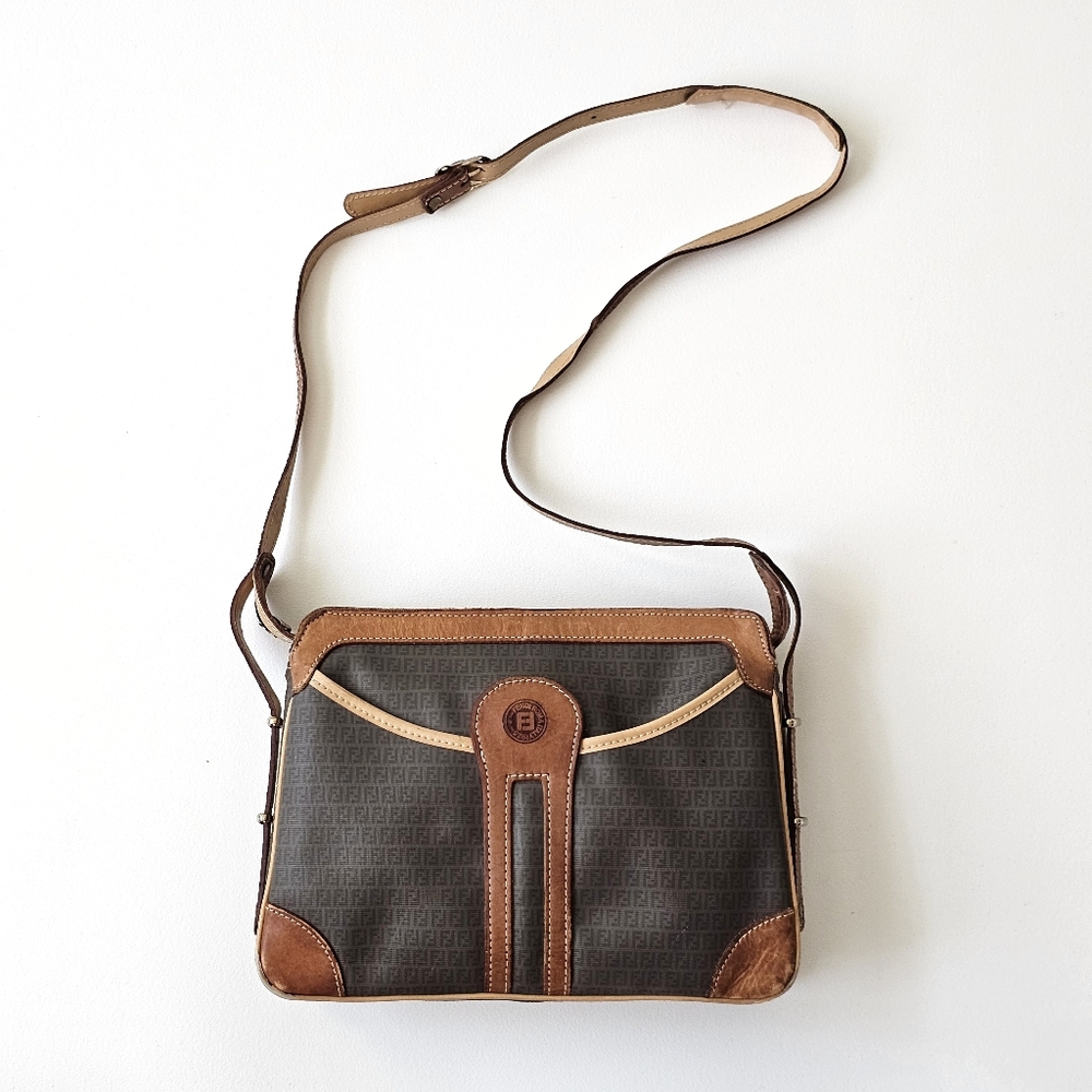Vintage Fendi Roma Italy Zucca Coated Fabric & Leather Equestrian Crossbody Bag